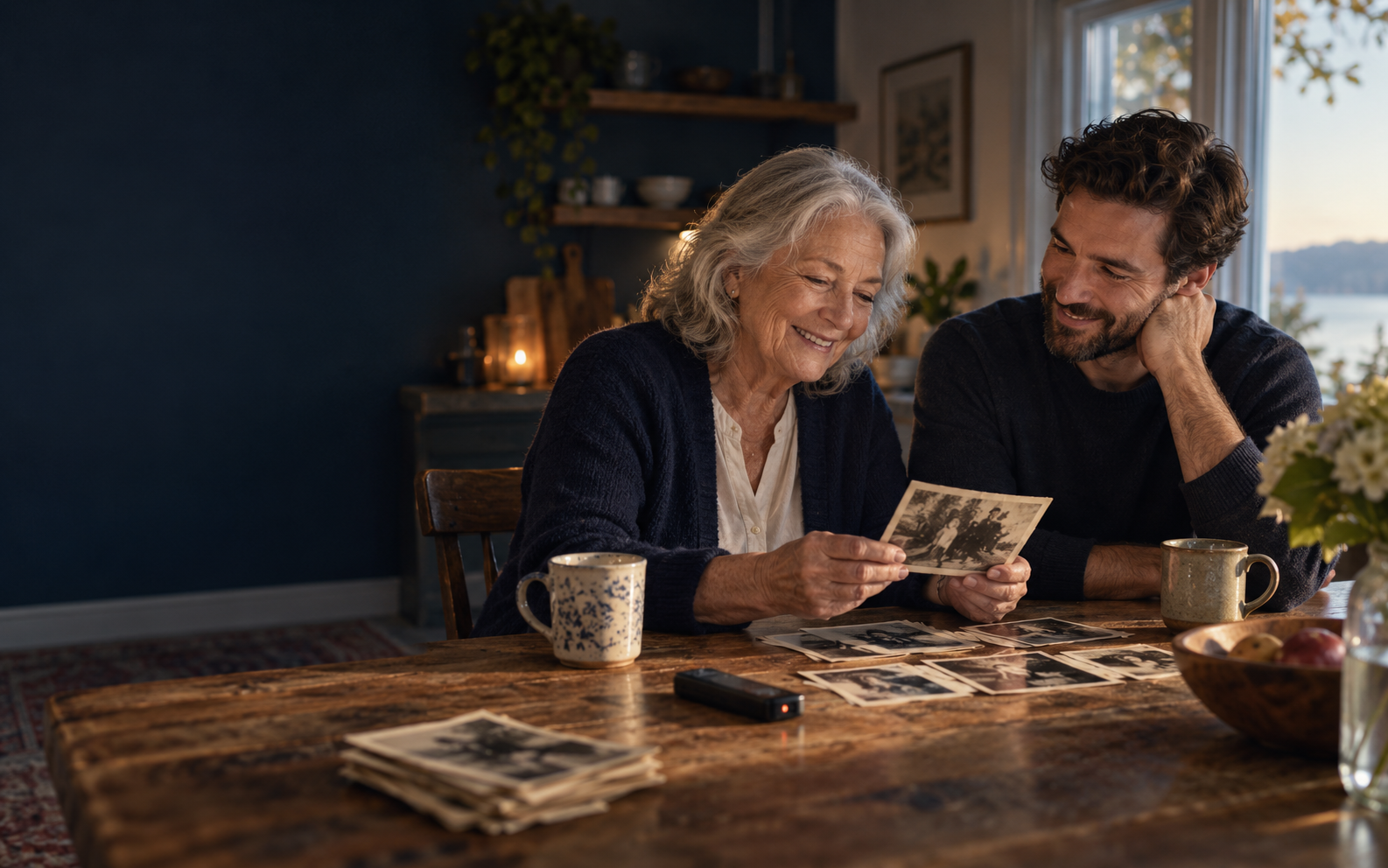 A mother and son looking through treasured family photographs together